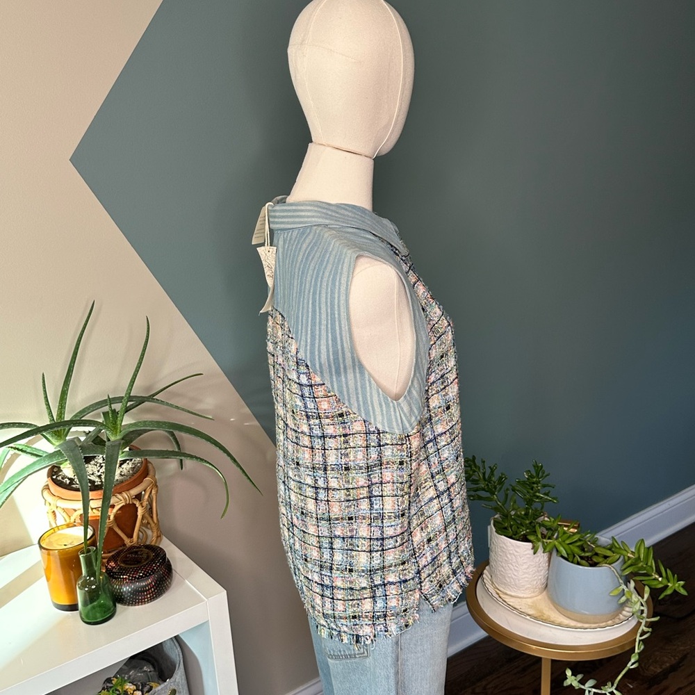 Mystree Tweed Sleeveless Vest NWT Boho Chic Cottagecore Raw Hem Button-Up Top S - Picture 6 of 14
